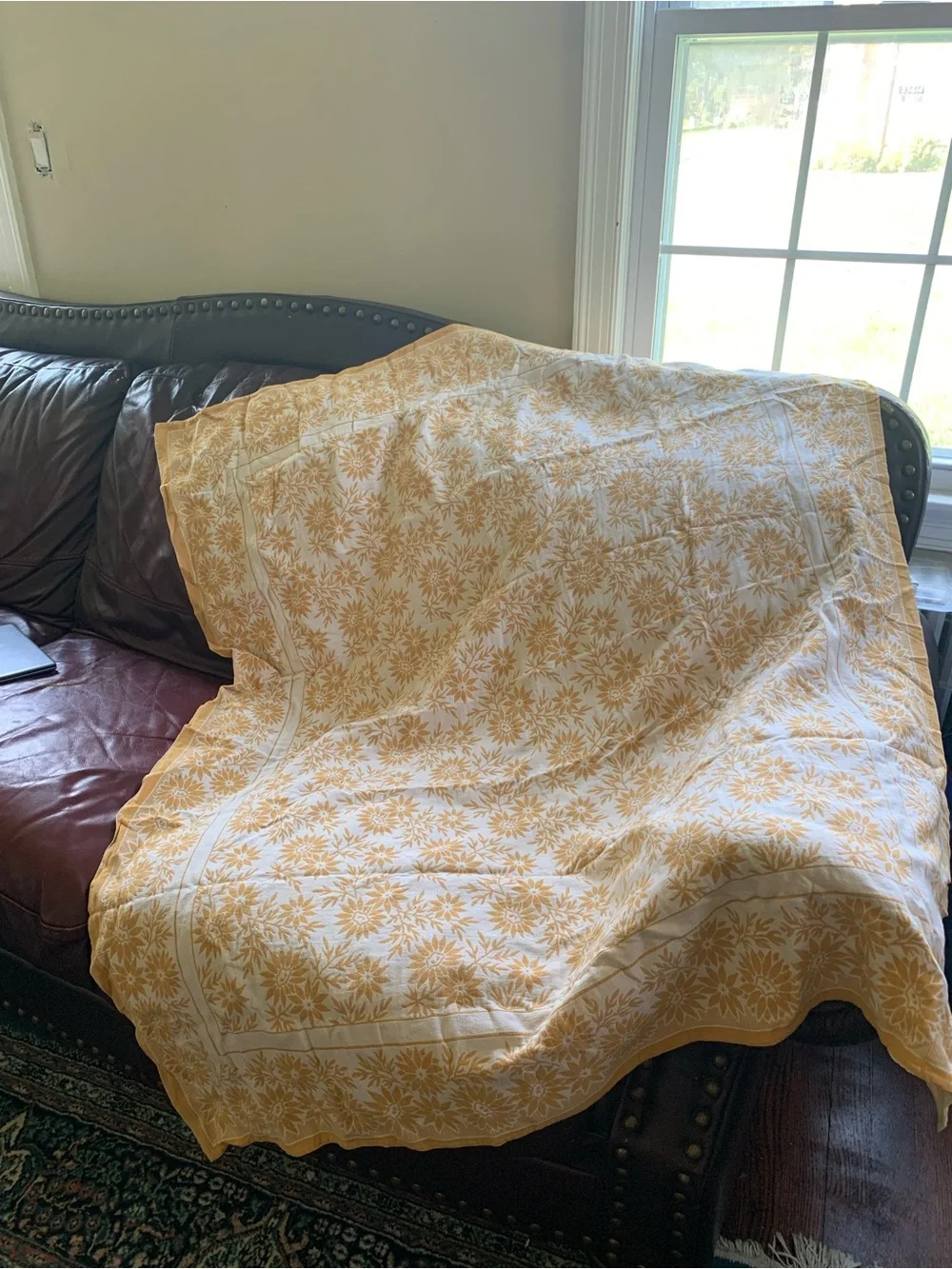 Vintage Yellow Floral Block Print Cotton Tablecloth Throw 55”x47”